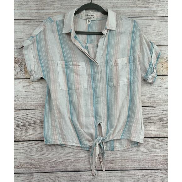 Lot of 2 Cloth & Stone Blouses Womens Small Blue Pink Button Down Tie Back - Picture 7 of 16